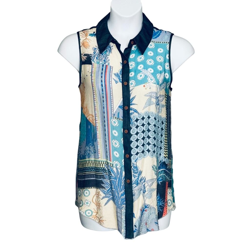 NorthStyle Sleeveless Patchwork Floral Top Sz M Bohemian Button Up Cruise Rayon